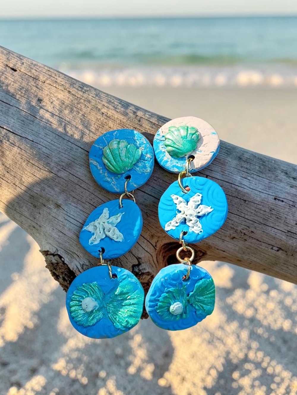 Handmade Beachy Blue Shell & Starfish Drop Earrings